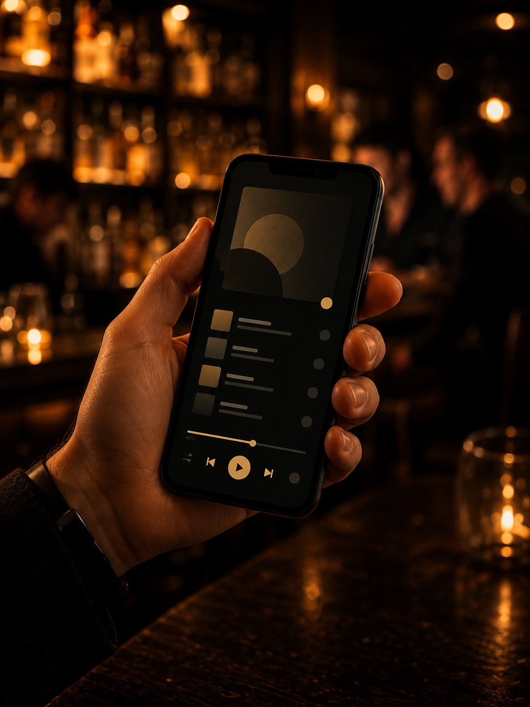 Cliente pedindo música pelo celular em um bar com luz baixa